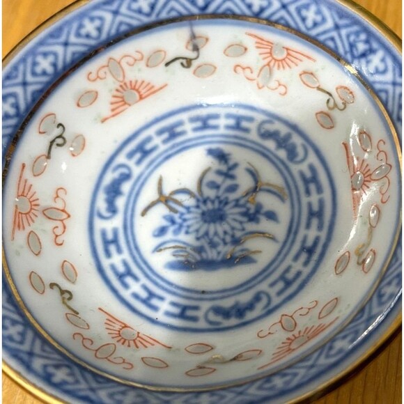 2 Vintage Chinese Eye Rice Grain Dipping Bowls Blue and White Porcelain RARE - Picture 8 of 9